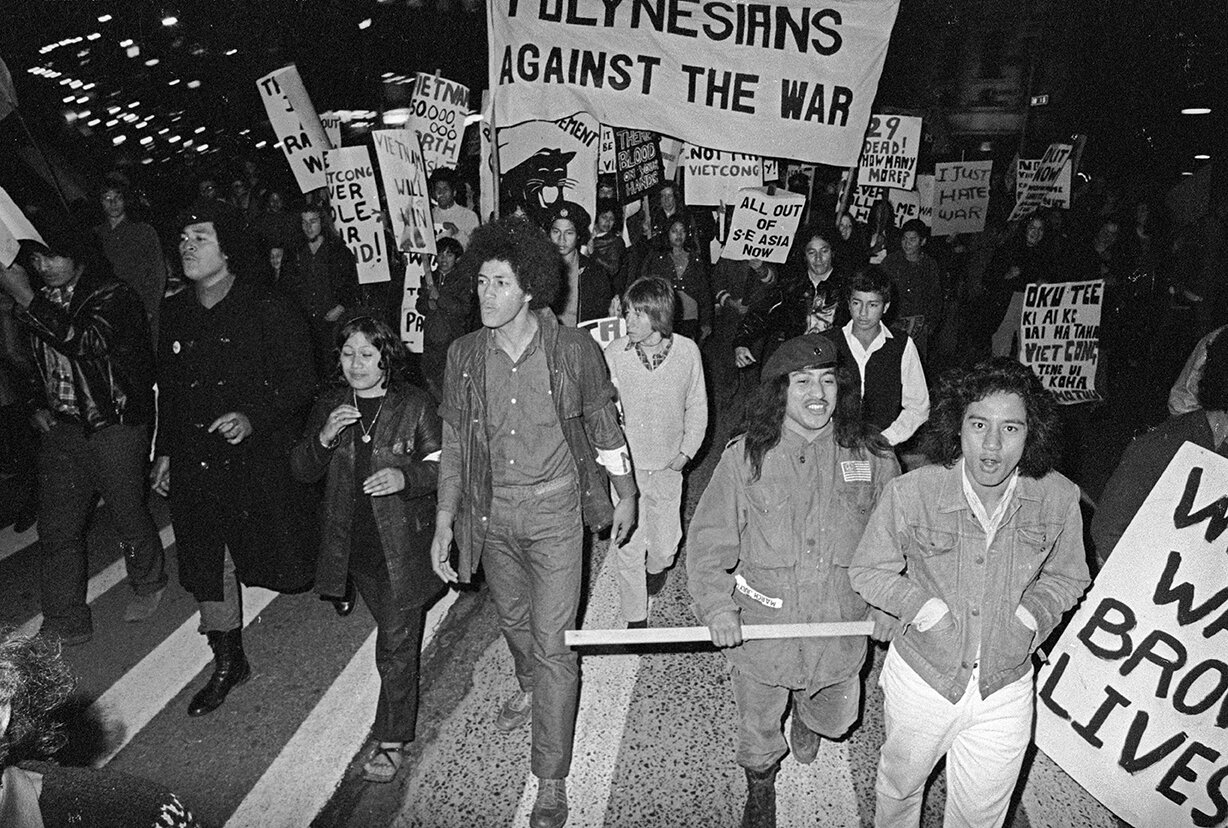 Polynesian Panthers, ‘Polynesians against the War’ contingent in 14 July mobilization down Queen Street to the Central Post Office, 1972. Miriama&nbsp;Rauhihi (mother of singer Che Fu) centre left front