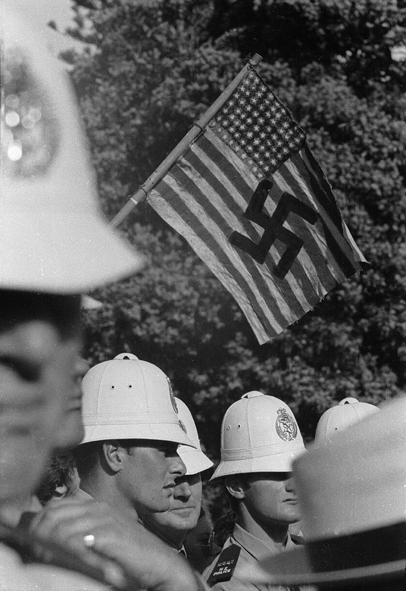 Augmented US flag at Parliament protest, 1970
