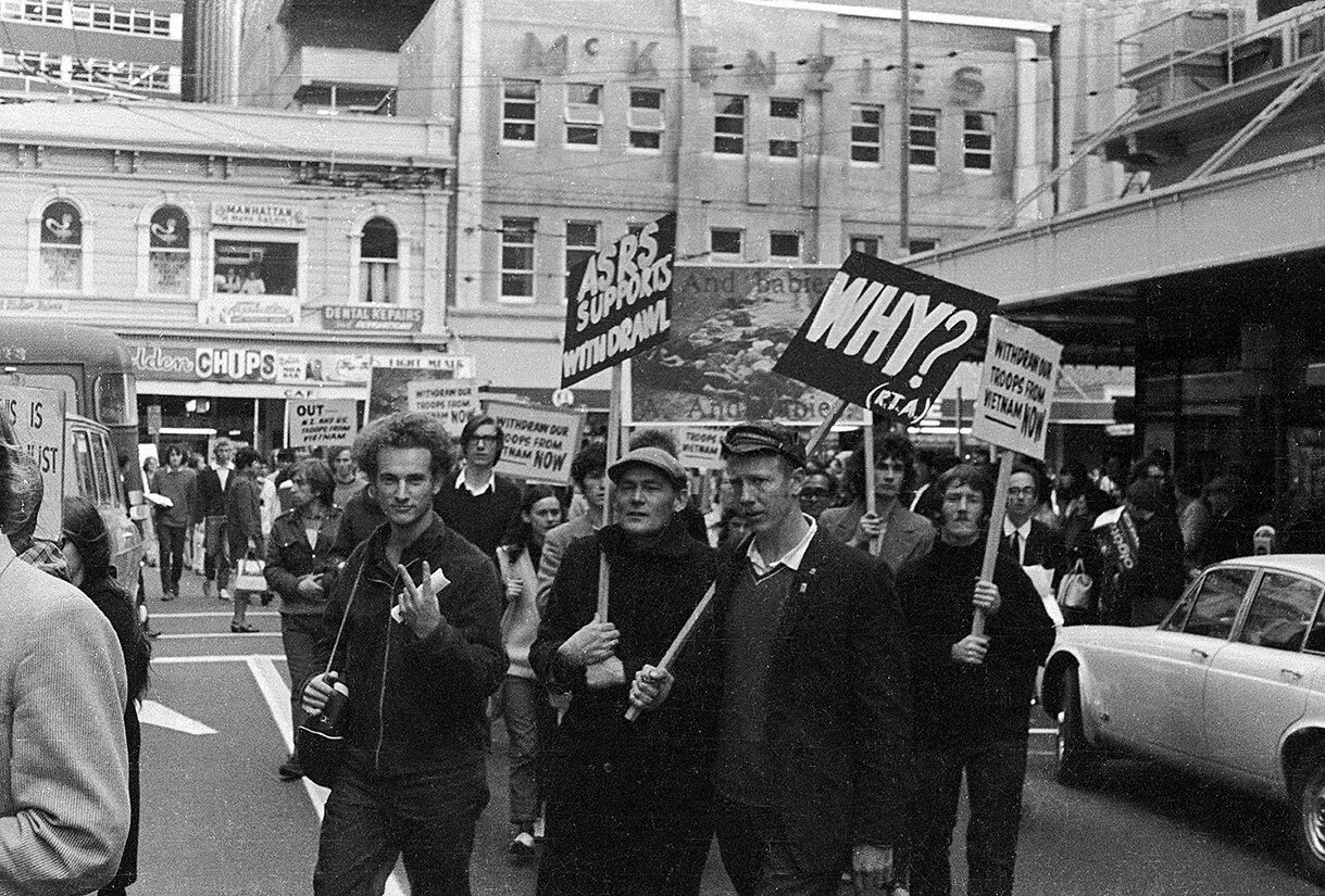 Protest march to picket the US Information Service office in Brandon Street, Wellington, 1970